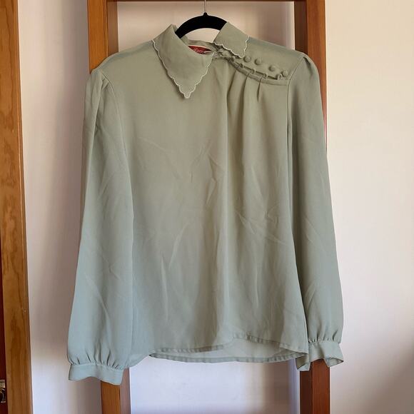 Vintage Jade Green Long-Sleeve Collared Blouse - Picture 1 of 10
